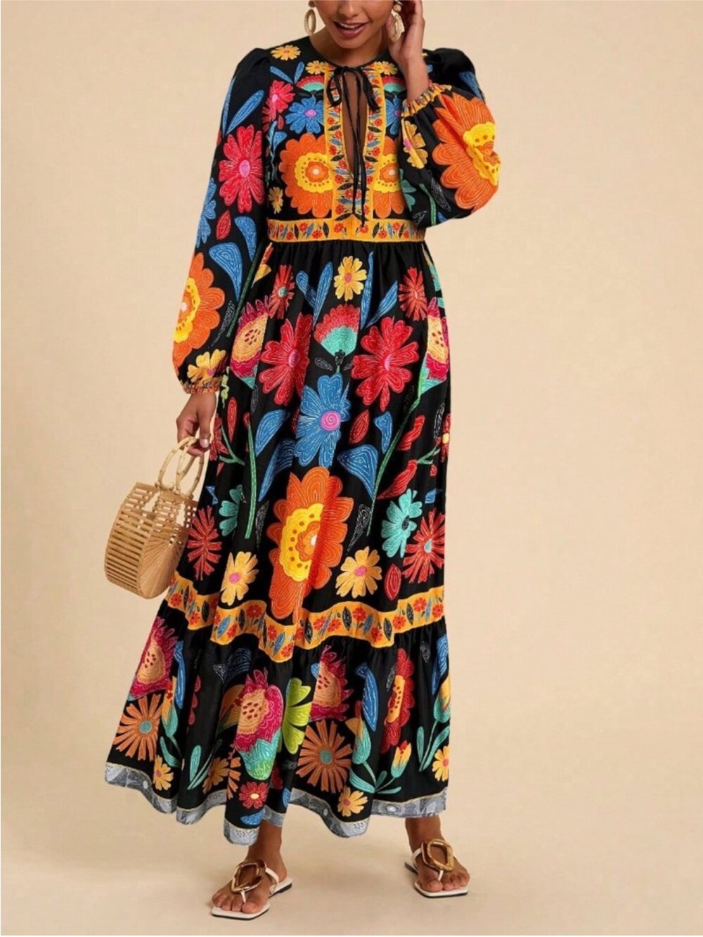 Black Boho Women's Floral Tie-Up Long Sleeve Dress